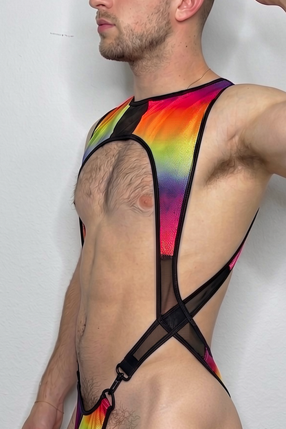Joylgbt Men's Rainbow Gradient Cut-Out Metal-Ring Bodysuit Set