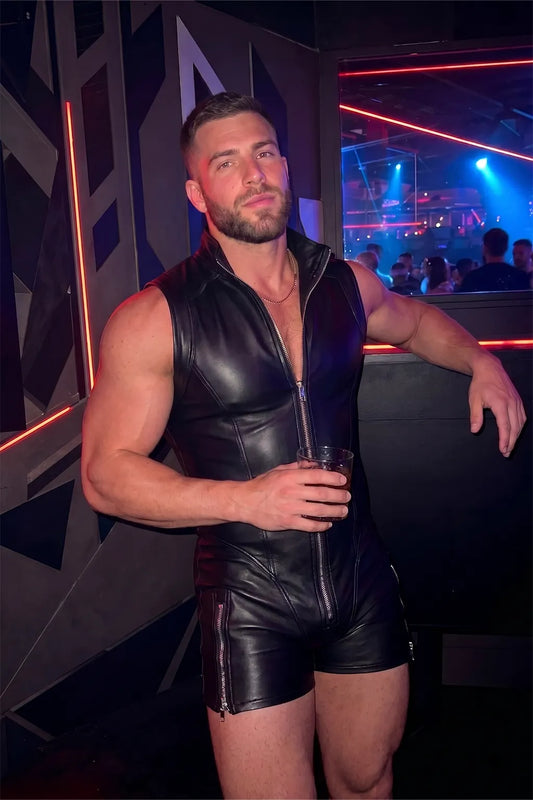 Joylgbt Men’s Black Matte Zip-Front One-Piece Shorts（No Hat)