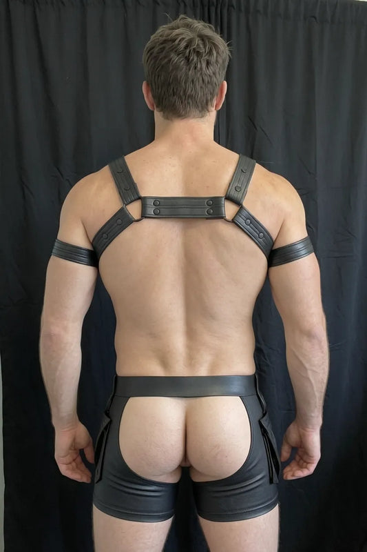 Joylgbt Men's Black  Leather Structured Harness Shorts Set