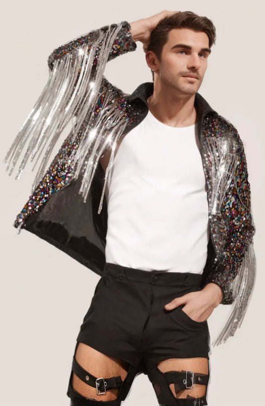 Men's Mesh Fringe Trim Party Jacket