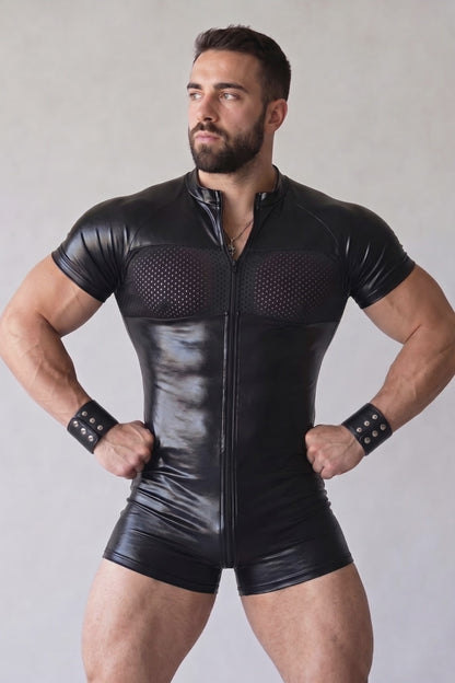 Joy-lgbt Men’s Blue Mesh Panel Short-Sleeve Fitted Romper Shorts