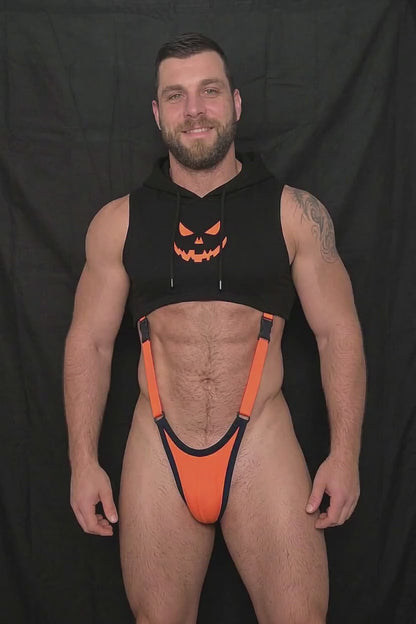 Joy-lgbt Black & Orange Halloween Cropped Hooded Suspender Set — Pumpkin Graphic Party Wear