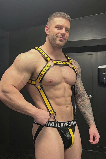 Joy-lgbt Men’s Yellow Rivet Harness Thong Set — Metal Eyelet Detail for Nightlife Wear