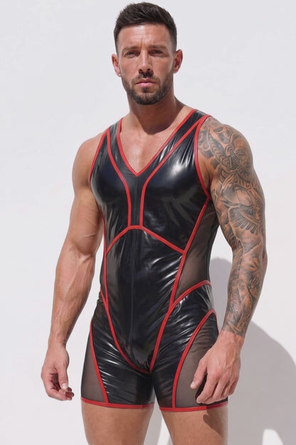 Joy-lgbt Men’s Black Red Glossy V-Neck Mesh Bodysuit Shorts
