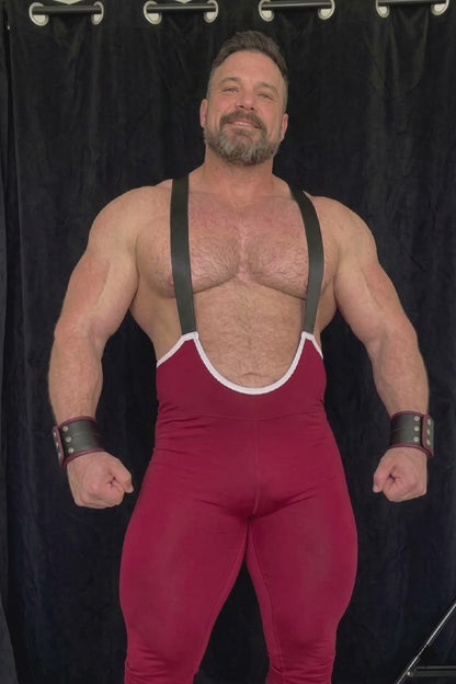 Joylgbt's Men's Christmas Burgundy Suspender Bodysuit – Deep U-Front Stretch Tights with Faux Leather Straps