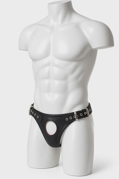 Joy-lgbt Black Leather-Look Double-Buckle Cutout Brief — Metal Eyelet Waistband