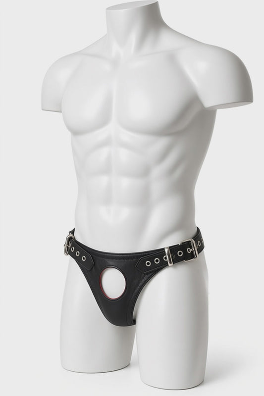 Joy-lgbt Black Leather-Look Double-Buckle Cutout Brief — Metal Eyelet Waistband