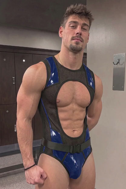 Joylgbt Men’s Blue Mesh Cut-Out Belted Bodysuit