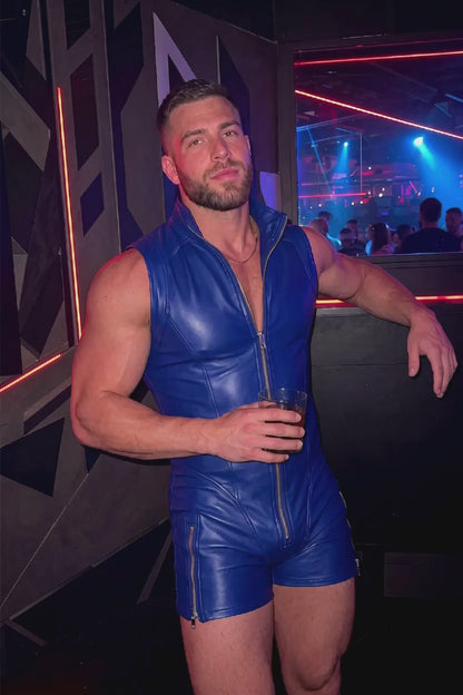 Joy-lgbt Men’s Blue Faux Leather Zip-Front Romper Shorts