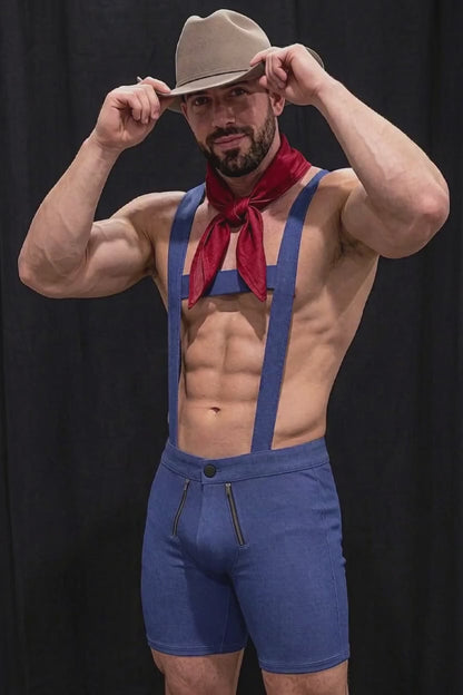 Joy-lgbt Blue Suspender Shorts Set — Classic Strap Design for Casual Party Wear
