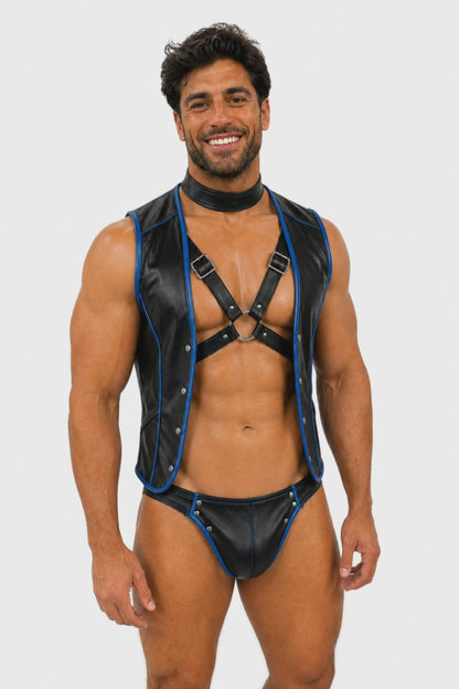 Joy-lgbt Men’s Black Blue Faux Leather Vest Harness 3-Piece Set