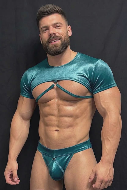 Joy-lgbt Teal Metallic Cutout Crop Top & Thong Set — Ring-Detail Chest Cut for Club & Pride Wear