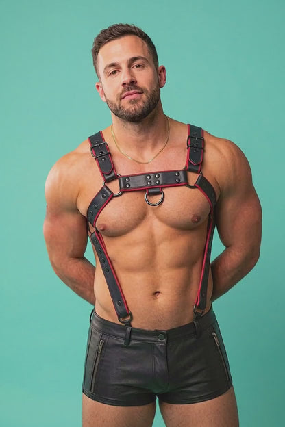 Joy-lgbt Black Red Faux Leather Chest Harness & Shorts Set