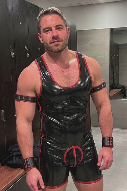 Joy-lgbt Black Red Trim Glossy Sleeveless Bodysuit Shorts
