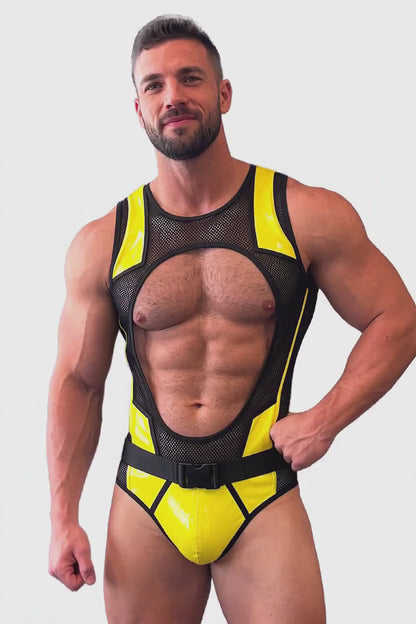 Joylgbt Men’s Yellow Black Mesh Cut-Out Belted Bodysuit