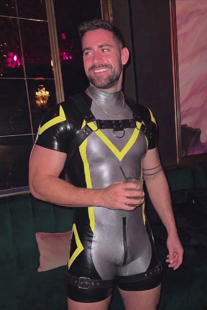 Joy-lgbt Silver Black Yellow Glossy Harness Bodysuit Shorts