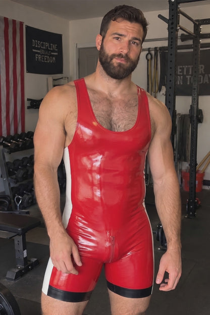 Joy-lgbt Men’s Red Glossy Zip-Front One-Piece Shorts
