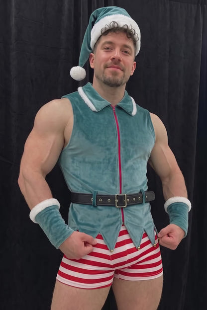 Joylgbt's Christmas Velvet Elf Costume with Striped Shorts and Furry Wrist Cuffs